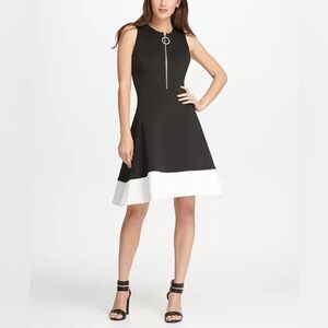 DKNY Logo Zipper Colorblock Fit & Flare Dress